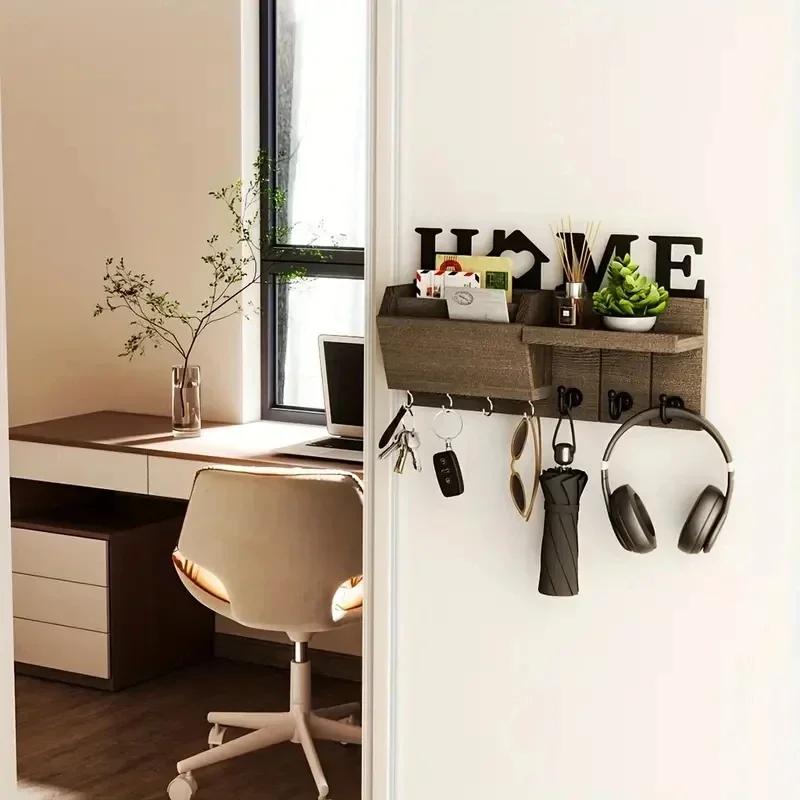 Wooden Wall Key Holder, Decorative Key and Mail Holder with Shelf Has Large Key Hooks for Bags, Coats, Umbrella