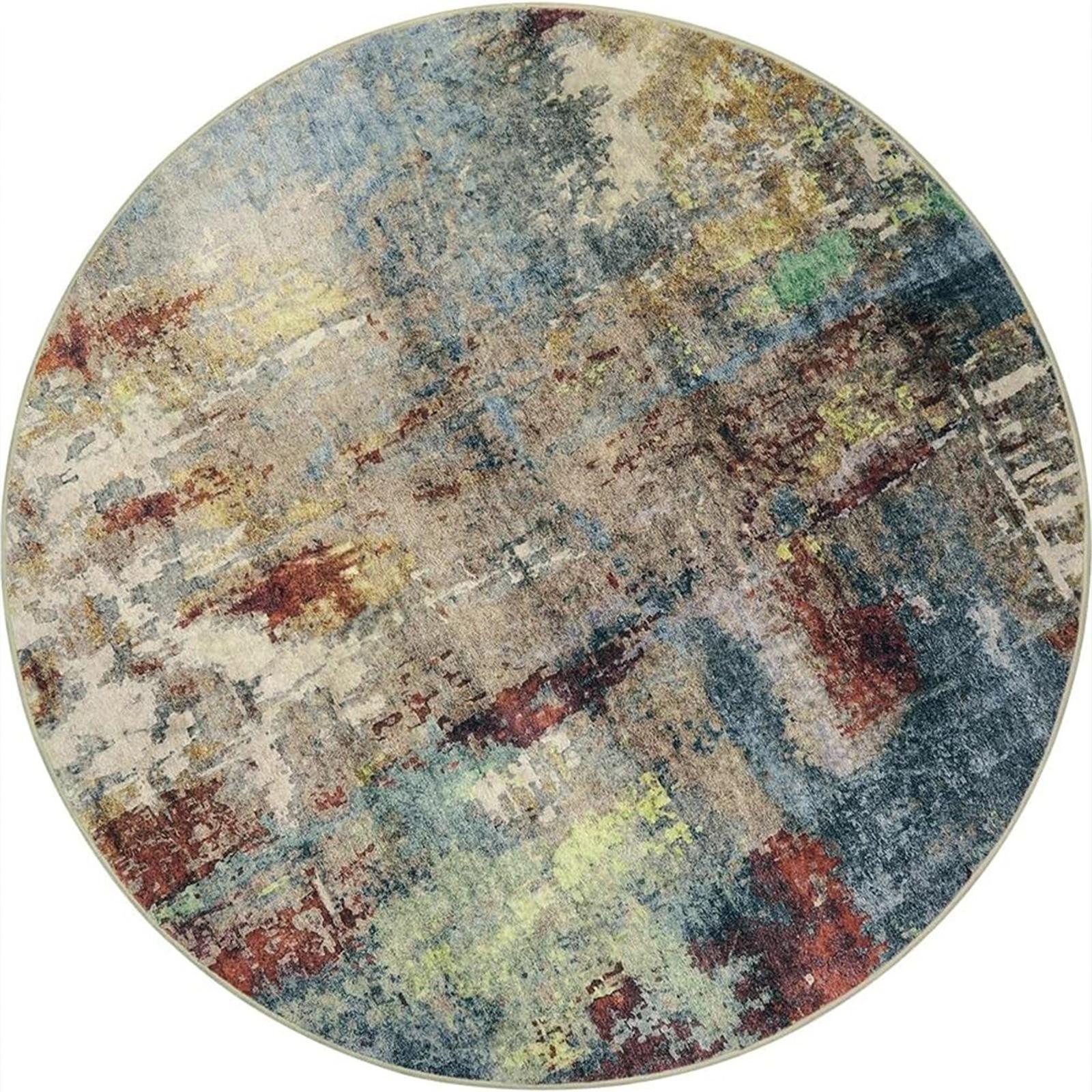 Abstract Rond Kunstkleed - Levendige Blauw/Groen/Geel/Rood Kleurenfusie, Boheems Gestructureerd Tapijt voor Woonkamer 60cm-dia.