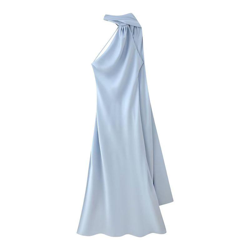 

Kaslead New Women clothes Western Style Fashion Slim fit Simple Ribbon Hanging Neck Waist-Exposed Jumpsuit Long dress Light Blue XL