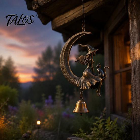 Witch Decor for Home Moon Wind Chime, Gothic Crescent with Black Cat Hanging Bell, Meditation Space Accents Mystical Garden Porch Patio Balcony