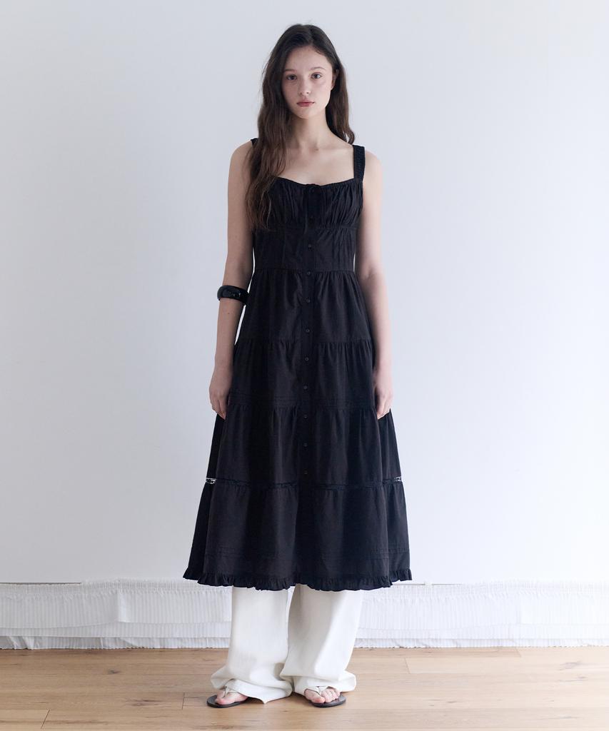 Lora Lora Peasant Shirring Long One Piece Black