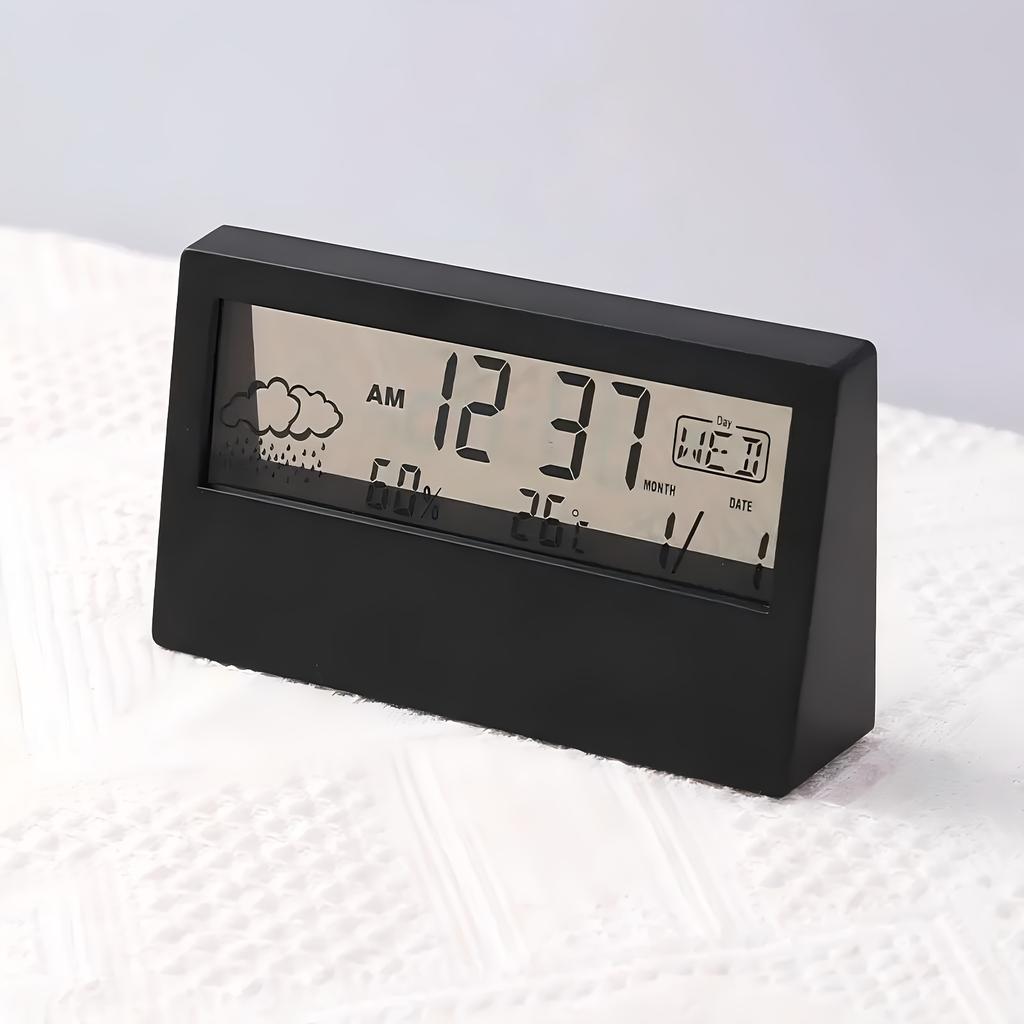 Silent LED Digital Clock with Weather, Temperature & Humidity Display - Battery-Powered Desk Alarm Clock for Home or Office