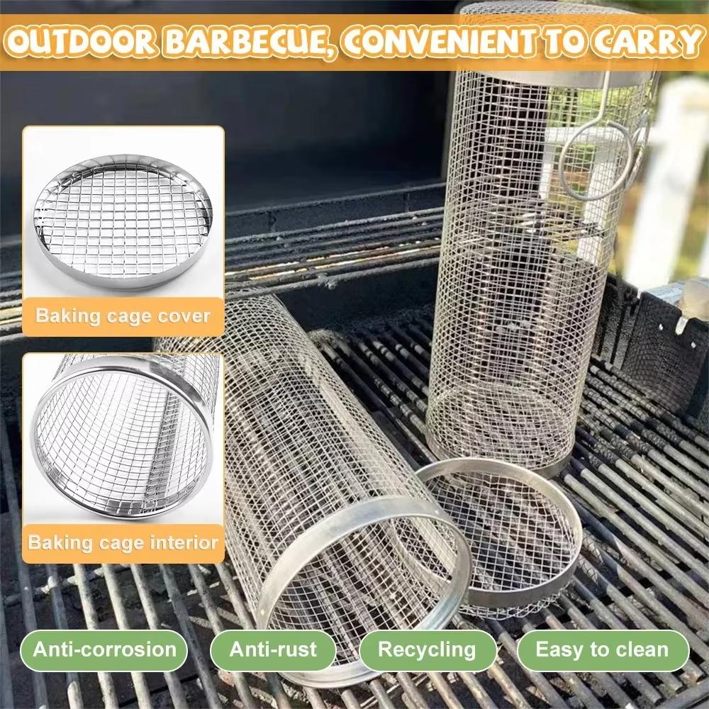 Rolling Grill Basket BBQ Mesh Tube Removable Wooden Handle Stainless Steel Round Mesh Cage Outdoor Camping Cooking Tools