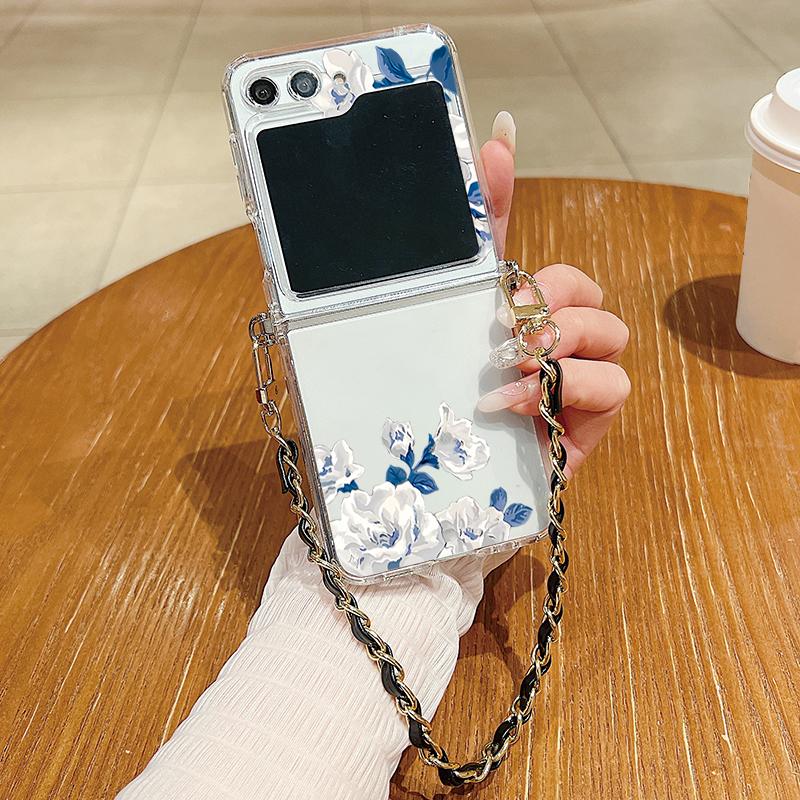 Metal Rope Lanyard Case For Samsung Galaxy Z Flip7 Flip6 Flip5 Flip4 Flip 7 FE 6 5 4 3 5G White Flower Pattern TPU Back Cover