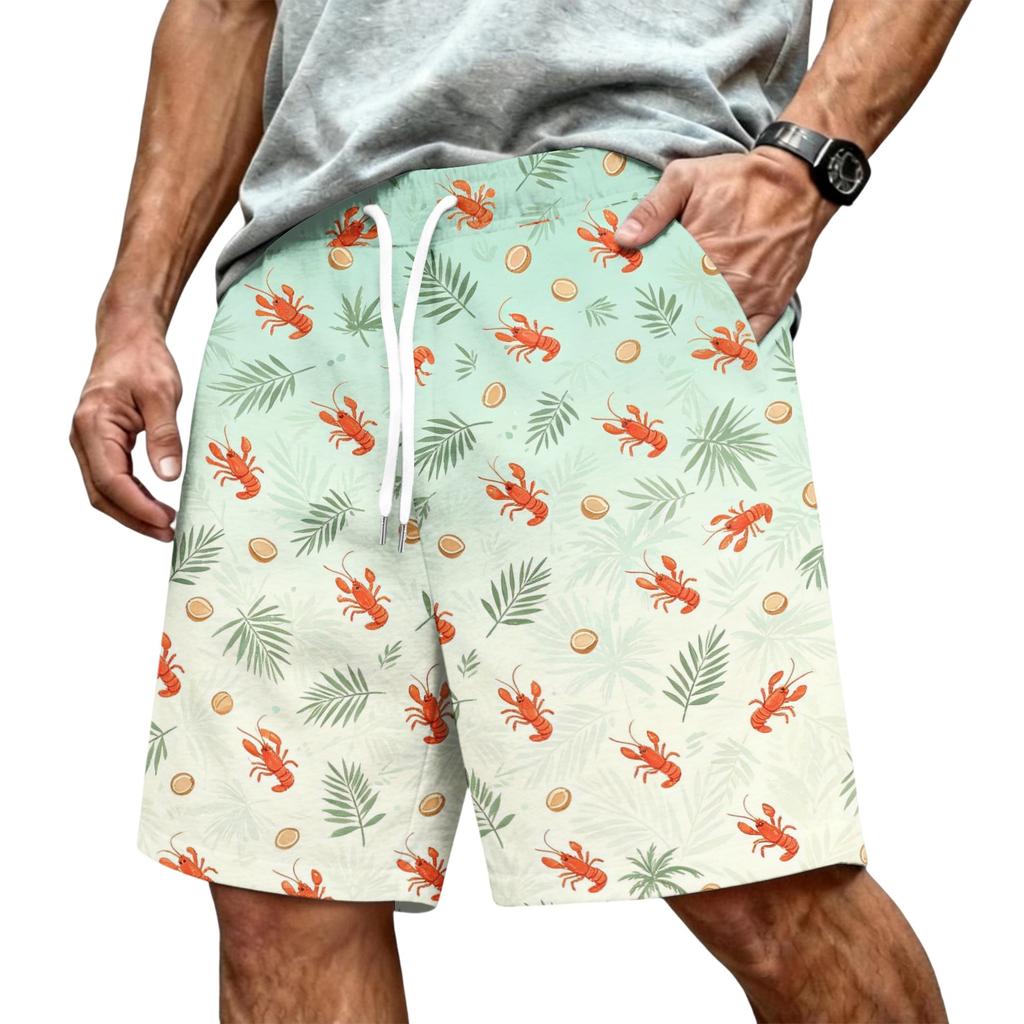 Men's Hawaiian Print Mesh Shorts with Drawstring Elastic Waist for Summer Beach and Casual Wear