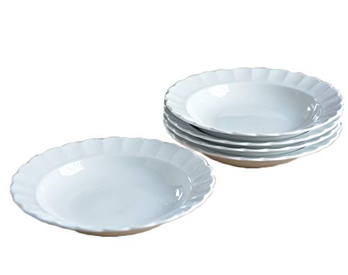 Set med 5 vita middagstallrikar, blomformade, splittringssäkra, förstärkt porslin, Tiara Pure White, volangprydda, 23 cm, för pasta, soppa och curry