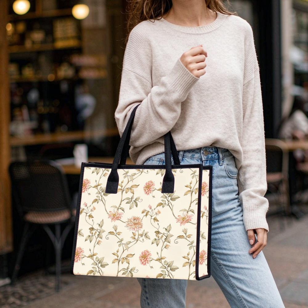 Elegant Floral Printed Tote Bag Fashion Casual Large Capacity Ladies Daily Carry Handbag