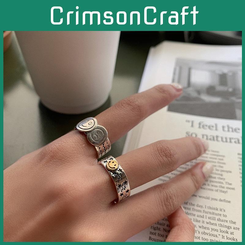 Vintage Smiley Face Star Pattern Twisted Stripe Adjustable Ring In 925 Sterling Silver For Trendy Fashion Lovers