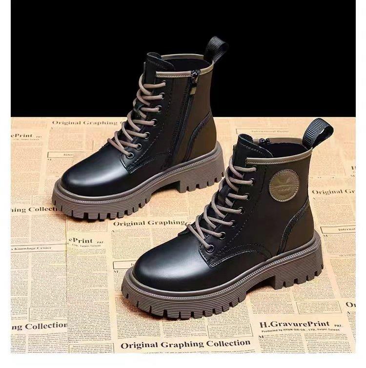 Dámské kotníkové boty 2025 Nové podzimní a zimní jednoboty Silná podrážka Měkká kůže Plus samet Britský styl Motocyklové boty