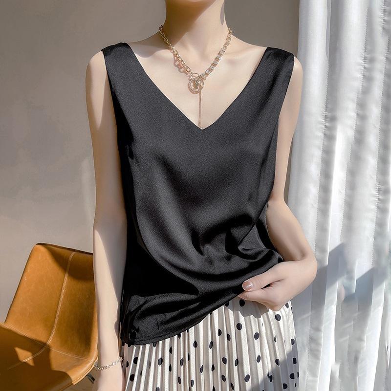 Women S Loose Fit V Neck Wide Strap Camisole French Style Ice Silk Top