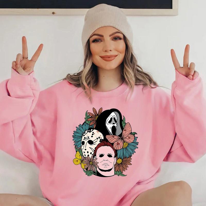 

Осень и Зима Женский Тяжелый Хлопковый Смесовый Свитшот с Круглым Вырезом и Принтом Букв на Хэллоуин L