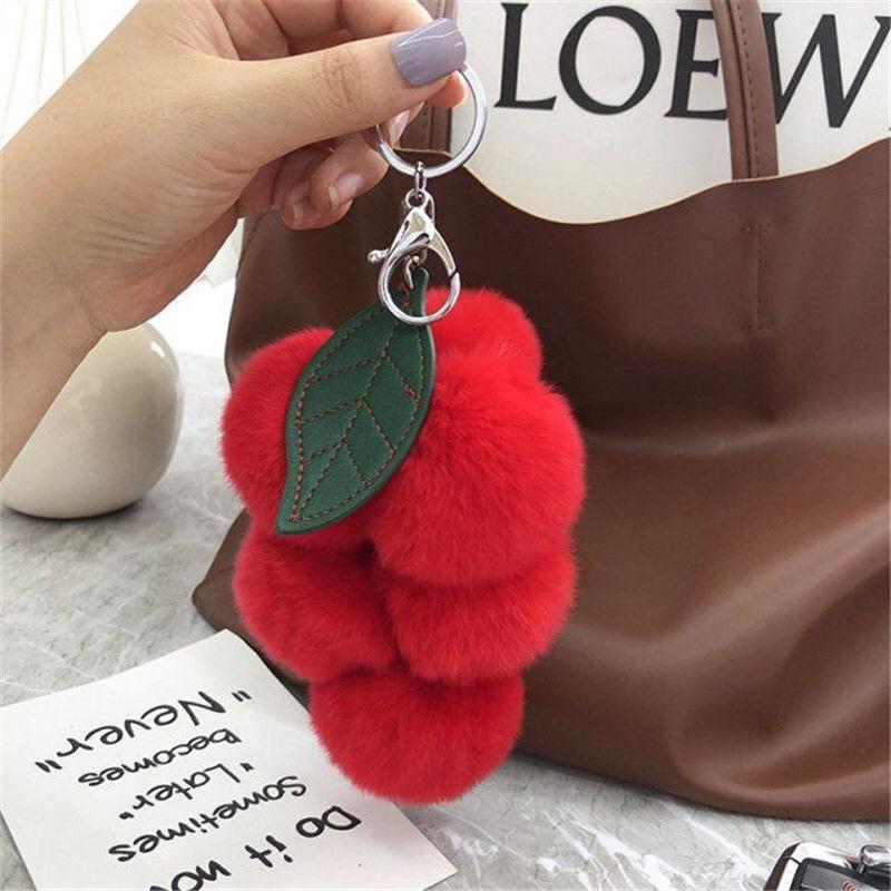 

Настоящий мех кролика рекс Виноград Плюшевый помпон Подвеска - Брелок / Шарм для сумки красный