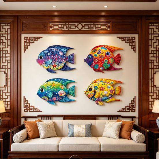4 Stück Holzfisch Strand Wanddeko Tropenfisch Wandkunst Nautisches Meeresbewohner Küsten Hängende Skulptur für Badezimmer Wohnzimmer Küche
