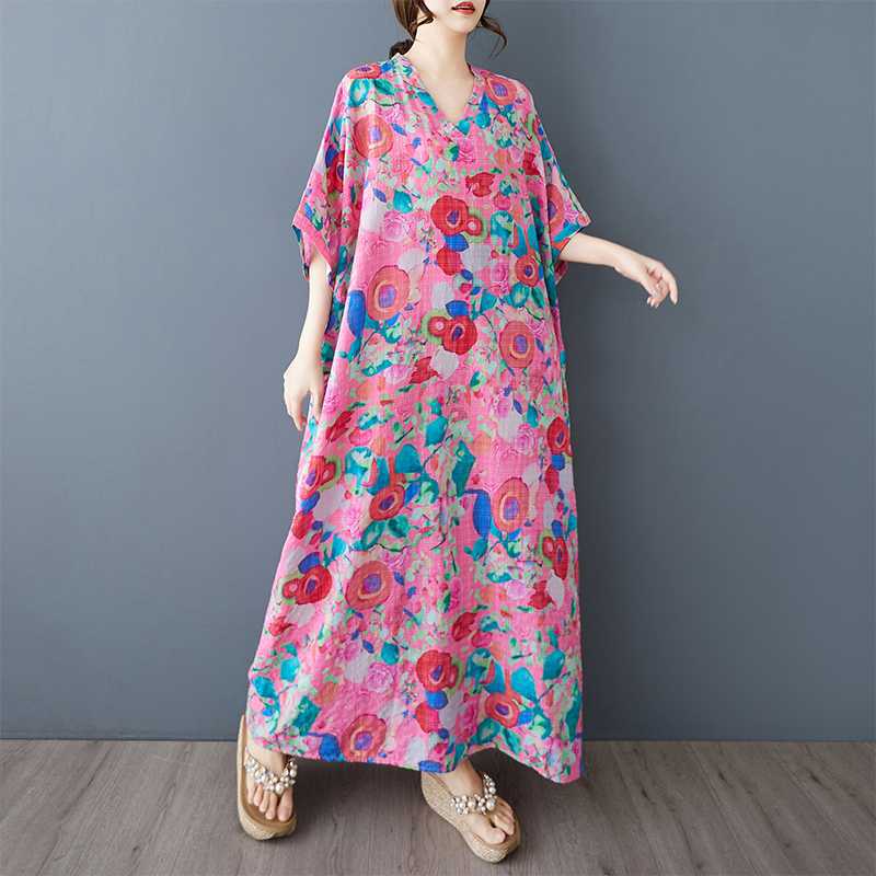 Summer V-neck Retro Cotton and Linen Dress