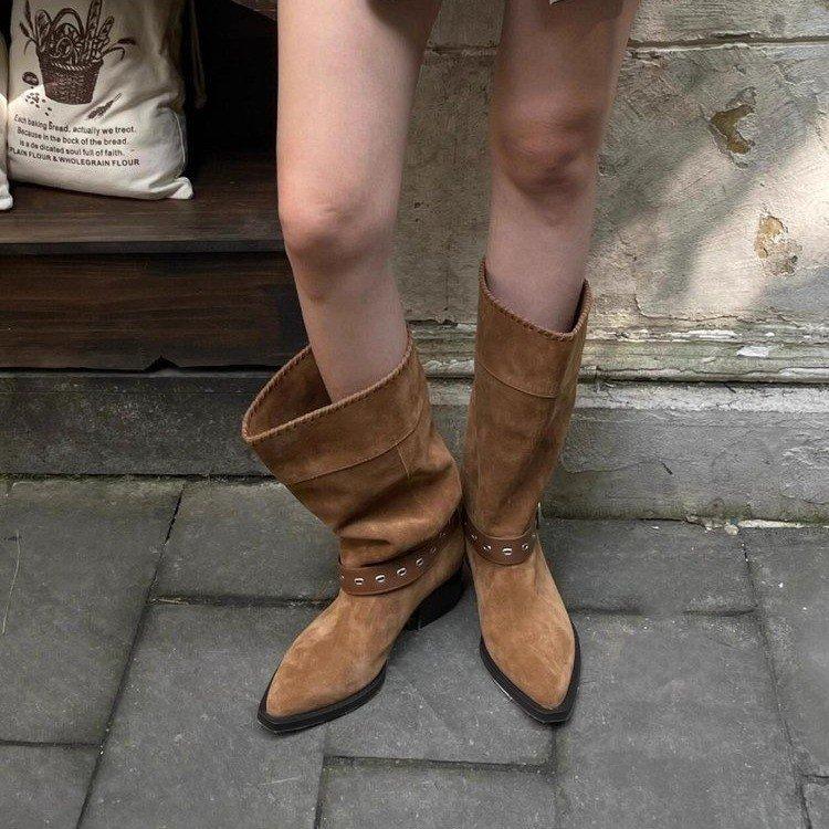 Pile Up Boots New 2026 Winter Maillard Western Cowboy Boots Thick Heel Pointed Short Boots for Women