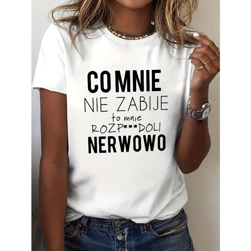 

Polish Funny Text Print T-Shirt, Women S Short Sleeve Crew Neck Casual Top for Spring Summer, Daily Outing, Trendy Season S белый
