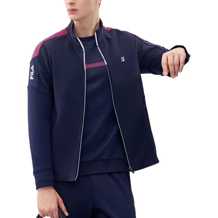 Fila Athletics Basic Stand Collar Color Block Tennis Sports Knitted Long Sleeve Jacket Men Jackets Dark-Blue A11M243503F-NV