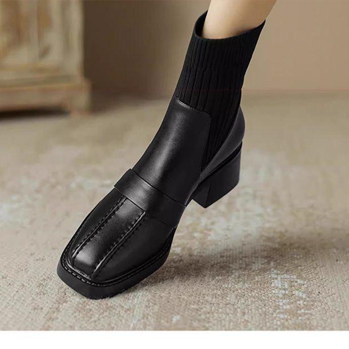 

European & American Style Square Toe Women s Martin Boots - Elastic, Mid-Calf, Chunky Heel, Non-Slip, Black or Brown Lining 35