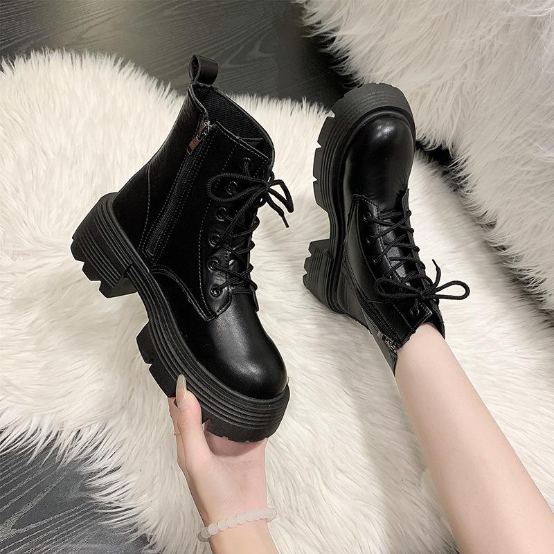 

Martin boots women s autumn and winter 2024 new platform British style boots retro round head thick heel lace-up zipper short boots 35 чёрный