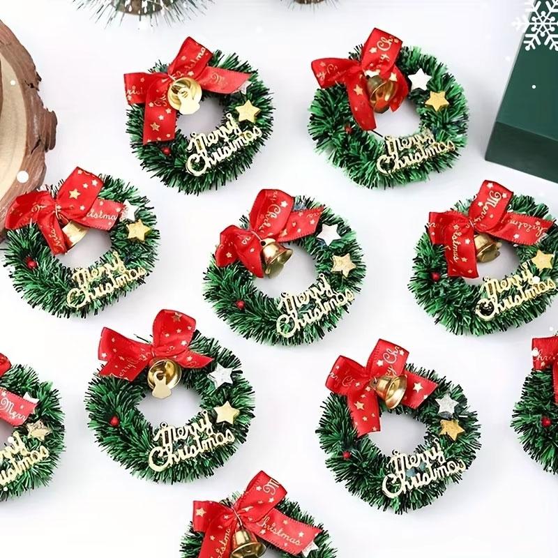 10Pcs/pack Golden Bells Home Party with Red Bows Mini Artificial Wreaths New Year Supplies Christmas