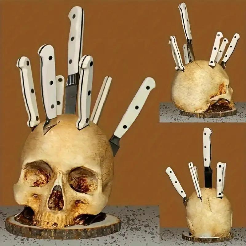 Creative Kitchen Knife Holder Skull Stand, Horror Atmosphere Desktop Decor for Halloween Party, Gothic Skull Knife Rack