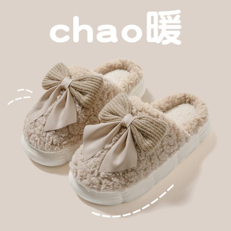 Bow cotton slippers women's winter indoor home new cotton mop autumn and winter thick-soled warm confinement shoes