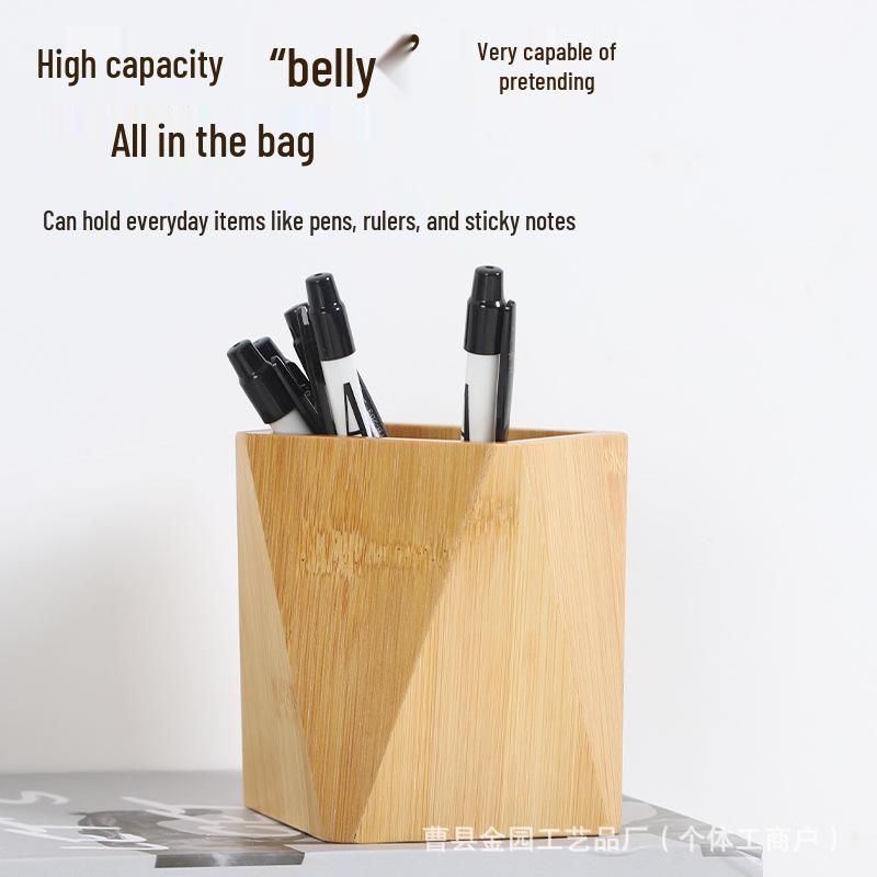 Wooden Rhombus Pen Holder - Creative Solid Wood Desk Organizer for Stationery and Makeup Storage