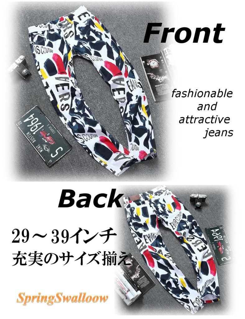 SpringSwalloow SpSw Original Print Stretch Denim Colorful Size 37 Men's Jeans, Design, Hip-Lifting, Slimming, Winter, Outdoor,