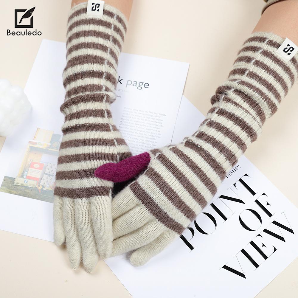 Koreanische Version von Strickhandschuhen mit verlängertem Farbblockdesign für Damen, Streifen, Retro, vielseitig, Herbst und Winter, Outdoor, warm, Fingerwollhandschuhe für Herren