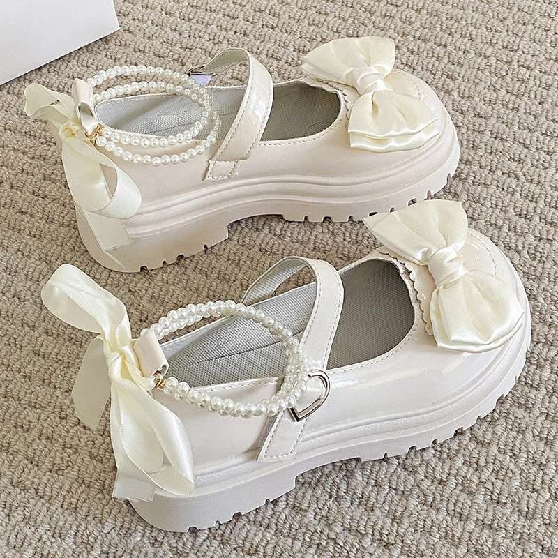 Pearl small leather shoes spring new Mary Jane shoes 2025 thick heel high heel single shoes platform with skirt princess round head
