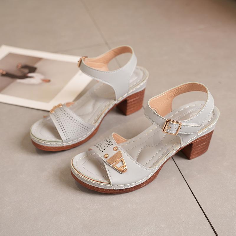 Chunky Heel Slippers For Women Artificial Leather One Line Buckle Solid Comfort Casual Wedge Heel Sandals Versatile Shallow Mouth Shoes