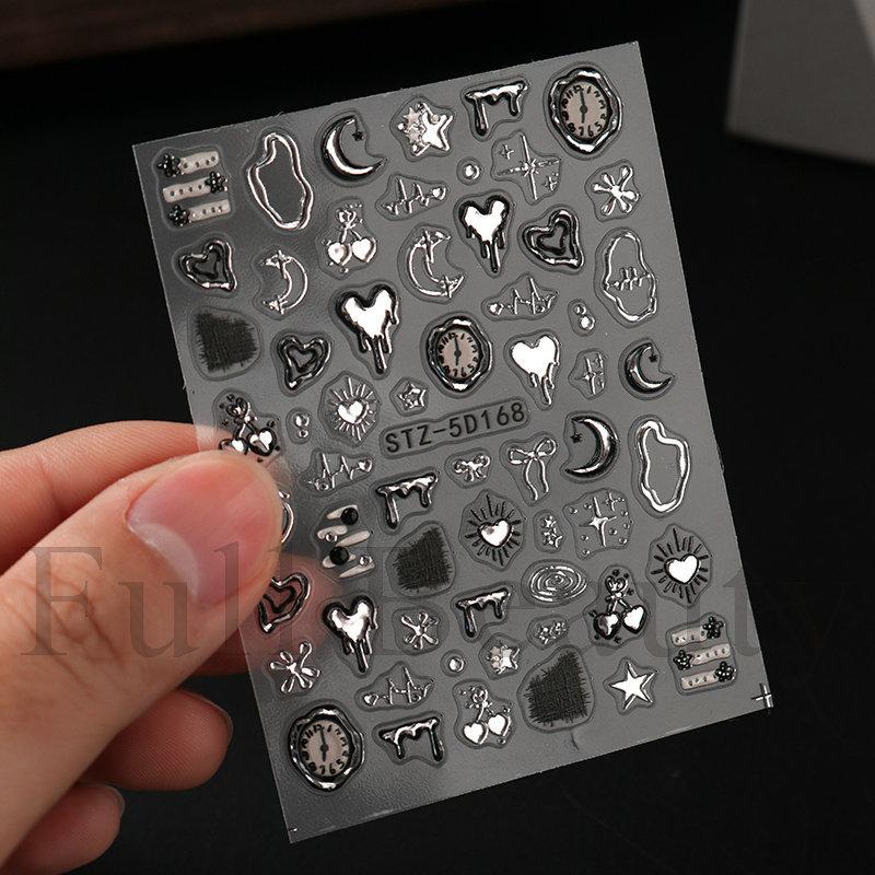 1PC embossed 5D liquid metal star, moon, and heart clock nail sticker, adhesive nail art sticker, holiday gift.