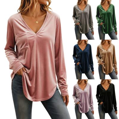 Women's Casual Color V-Neck Long Sleeve Pullover Top