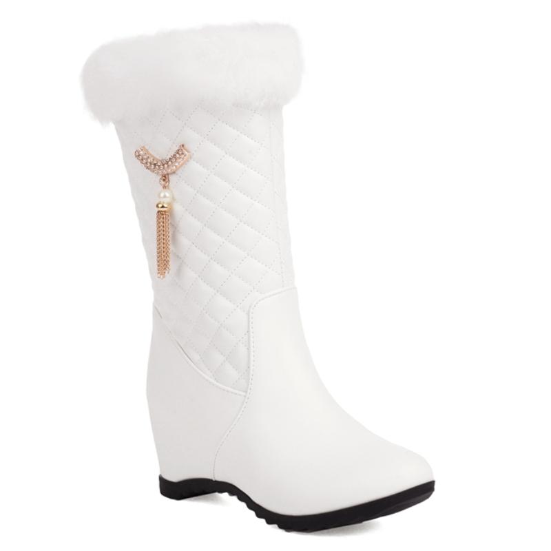 

Зимние сноубутсы на танкетке для женщин Новинка 2024 Черные Розовые Белые Теплые Меховые Короткие Ботинки Женские Каблуки-Танкетки Застежка-Молния Вечерняя Обувь 34 белый