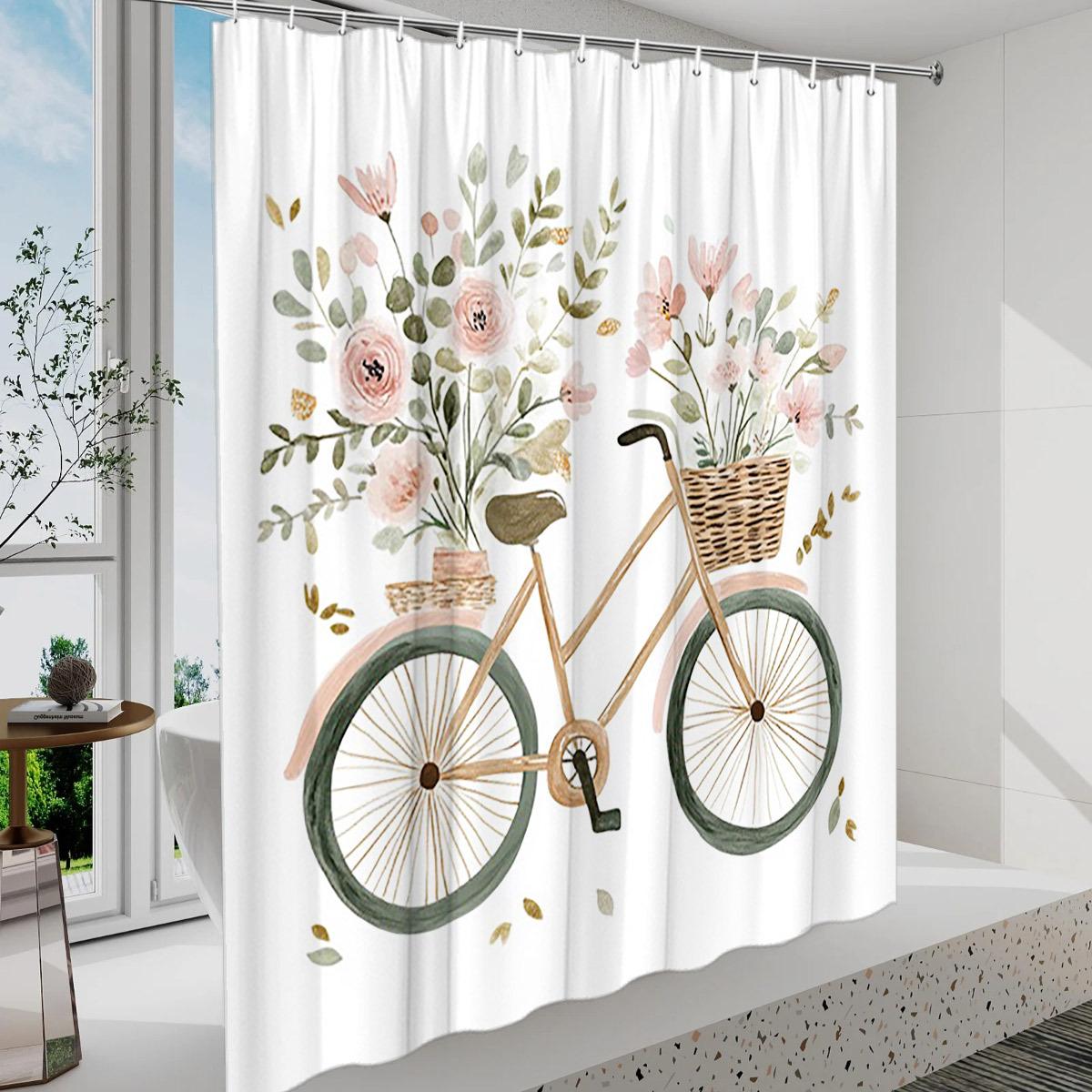 

1Pc Vintage Bicycle Floral Basket Shower Curtain - Soft Beige, Pink & White Flowers, Green Leaves, Rustic Bicycle Design W60H190(CM)-1 Pcs
