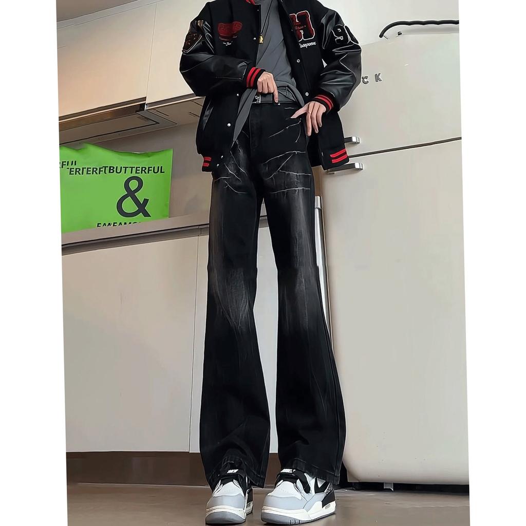 Lightning pattern jeans men's spring and autumn straight loose wide legs American high street old and thin pants trendy brand trousers