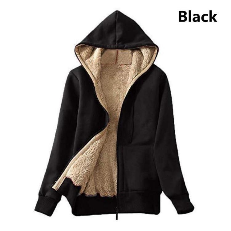 Plus Size Womens Plush Hooded Jacket Long Sleeve Zipper Sweater Coat Tops