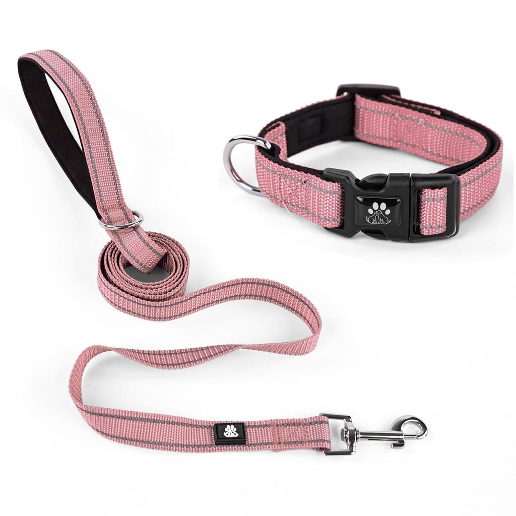 NESTROAD Dog Collar and Lead Night For Medium and Large Suitable for All Comes with For Walking and Easy to Dog Set, Adjustable, Reflective, Small,