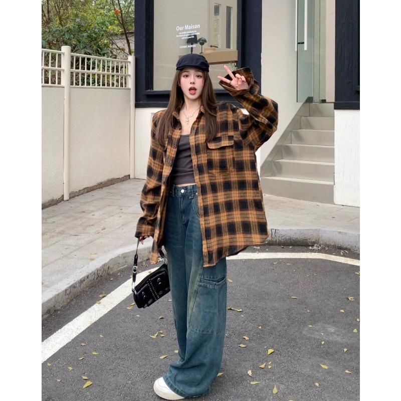 Woolen Plaid Women's Shirt New Collar Long Sleeved Button Up Blouse Spring Autumn Korean Casual Woman Fashion Top
