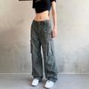 Y2K High Street Denim Cargo Pants Women Gray Big Pocket Slim Female Straight Pants High Waist Vintage Casual Lady Baggy Trousers