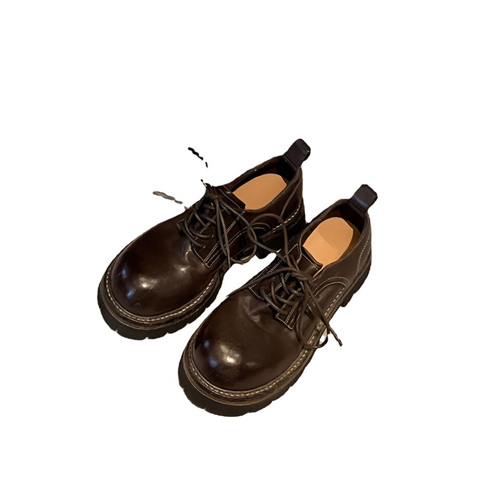 Sheepskin~ platform muffin loafers women's leather retro thick heel lace-up jk single shoes British college style small leather shoes