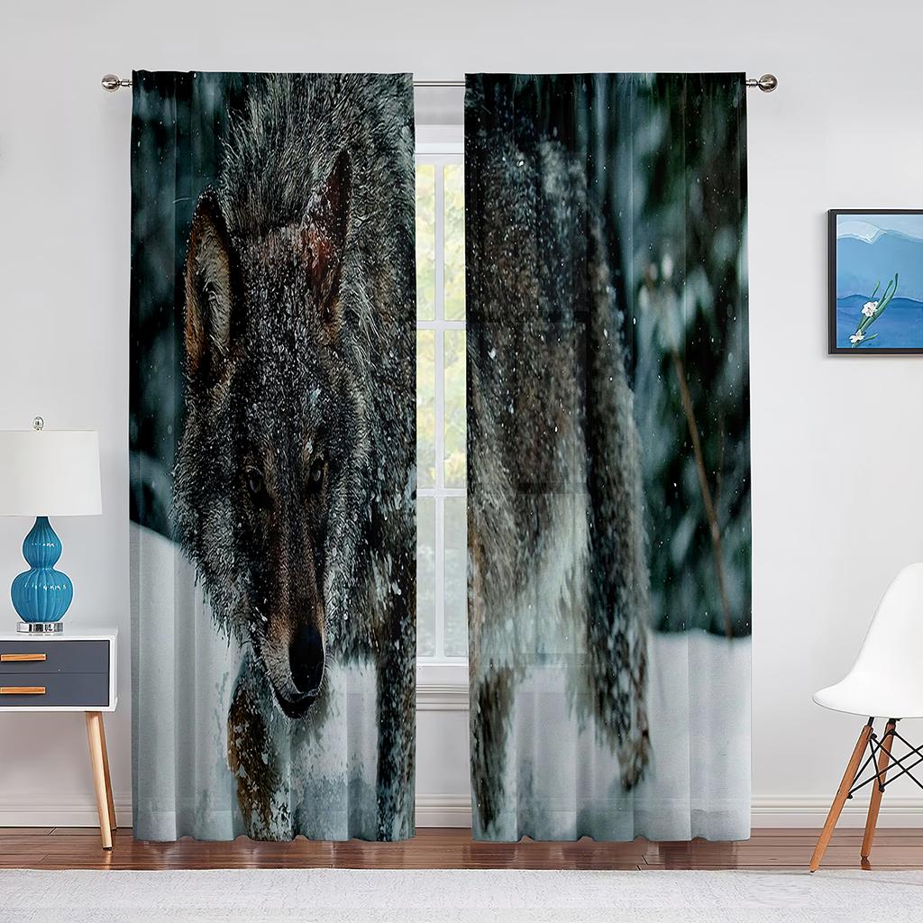 Wolf Sheer Voile Curtain Ice Fire Wolves Look At Each Other Window Tulle Curtains for Living Room Bedroom Kitchen Decor Drapes