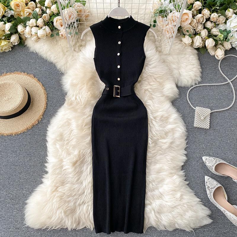 European and American stand-up collar breasted slim-fitting and thin elastic knitted vest skirt waist and thin medium and long hip-wrapped bottoming