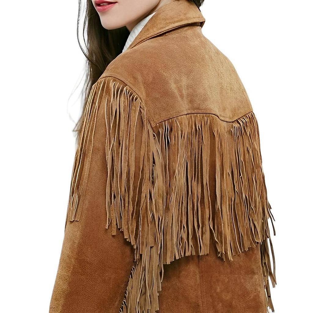 Noora Women's Brown Western Style Suede Jacket Fringed With Buttons Closure | Streetwear Autumn And Winter Leather Jacket |