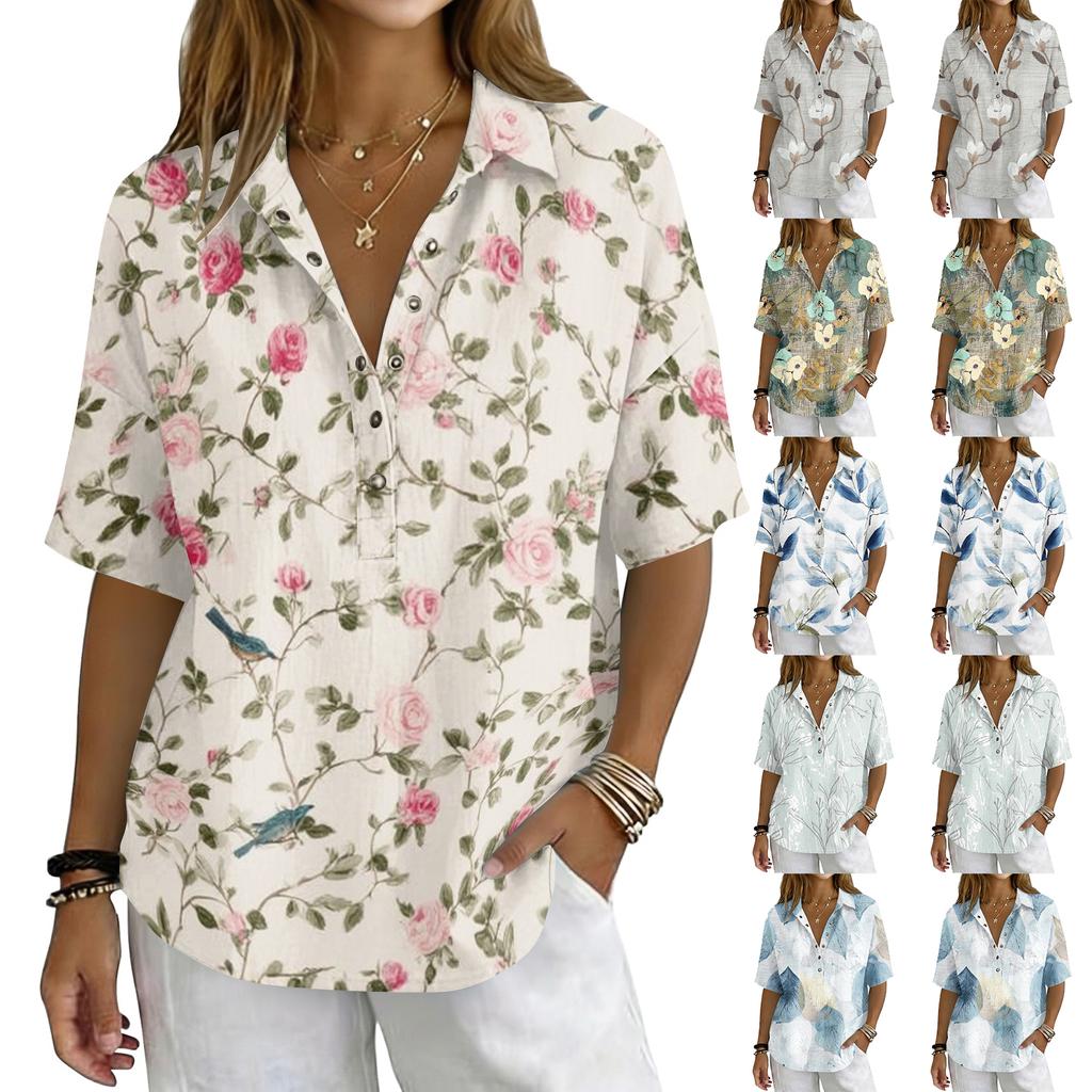 Women's Fashion Polo Collar Button Front Vintage Floral Print Loose Fit Short Sleeve T Shirt Linen Blend Casual Top