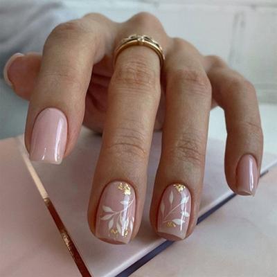 Flowers Press On Nail Square Short False Nail Full Cover Stick On Nail Glossy Acrylic Spring Artificial Nail for Women