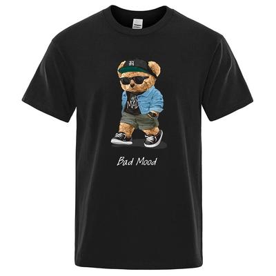 Letnia luźna koszulka T-shirt Zwariuj zły nastrój Spacerujący cichy miś Teddy z krótkim rękawem Męska koszulka Hip Hop Topy Luźne, duże męskie koszulki