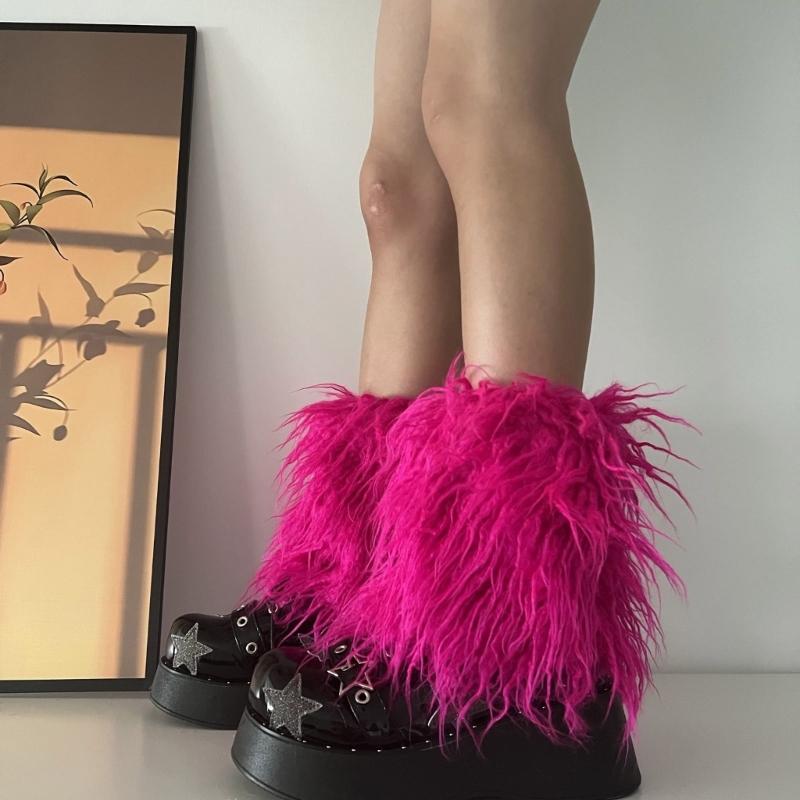 Fuzzy Faux Furs Leg Warmers Furs Heels Long Boots Cuffs Cover Has Elastic One Pair Carnivals Boot Cover Y2K JK Uniform