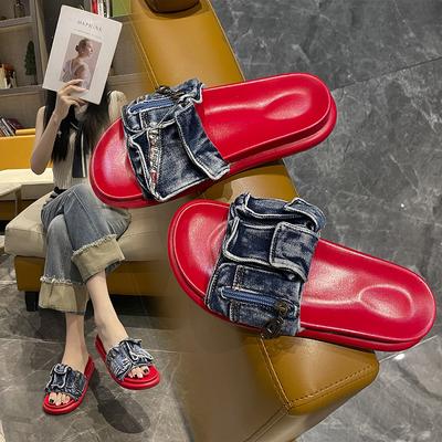 Sapatos da moda para mulheres 2024 Hot Sale Verão Chinelos femininos ao ar livre Sólido Denim Biqueira aberta Salto baixo Tamanho grande Chinelos casuais femininos