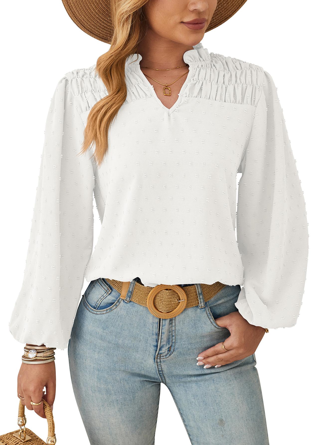 

Весенне-осенняя женская плиссированная жаккардовая рубашка с длинным рукавом с v-образным вырезом L белый